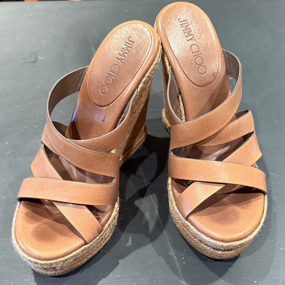 Jimmy Choo Tan Strappy Wedges